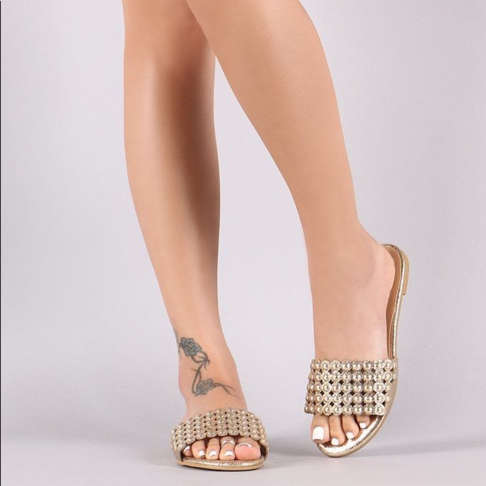 Bamboo metallic gold stud slide sandals